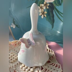 Vintage White Porcelain Bell with Pink Butterfly Accent